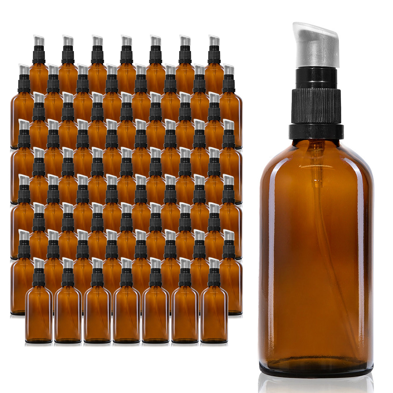 68x 100ml Pumpspender Pumpflasche aus Braunglas, Cremspender mit schwarzem Pumpkopf, Großpackung