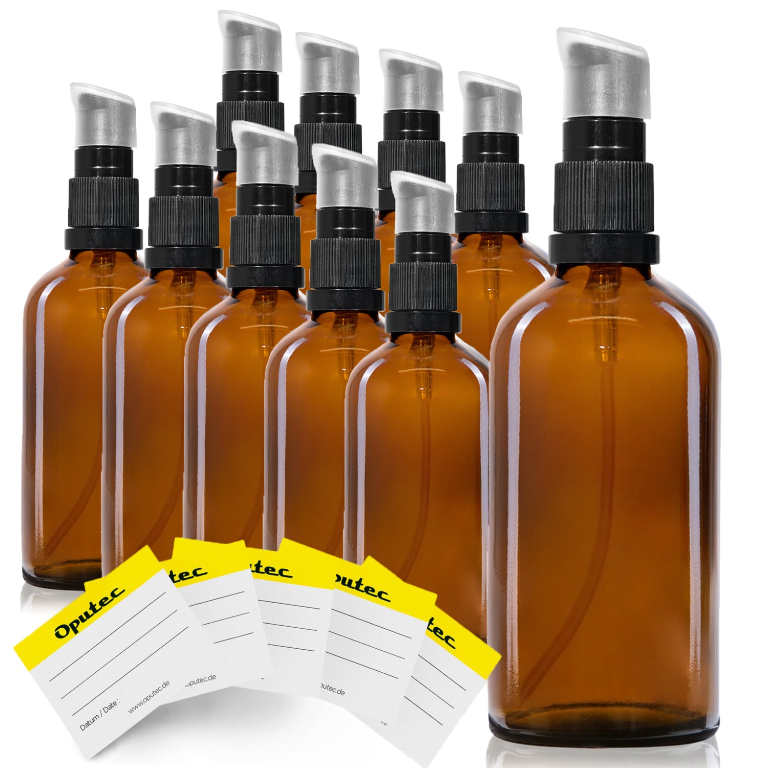 10x 100ml Pumpspender Pumpflasche aus Braunglas, Cremspender mit schwarzem Pumpkopf, inkl. Etiketten