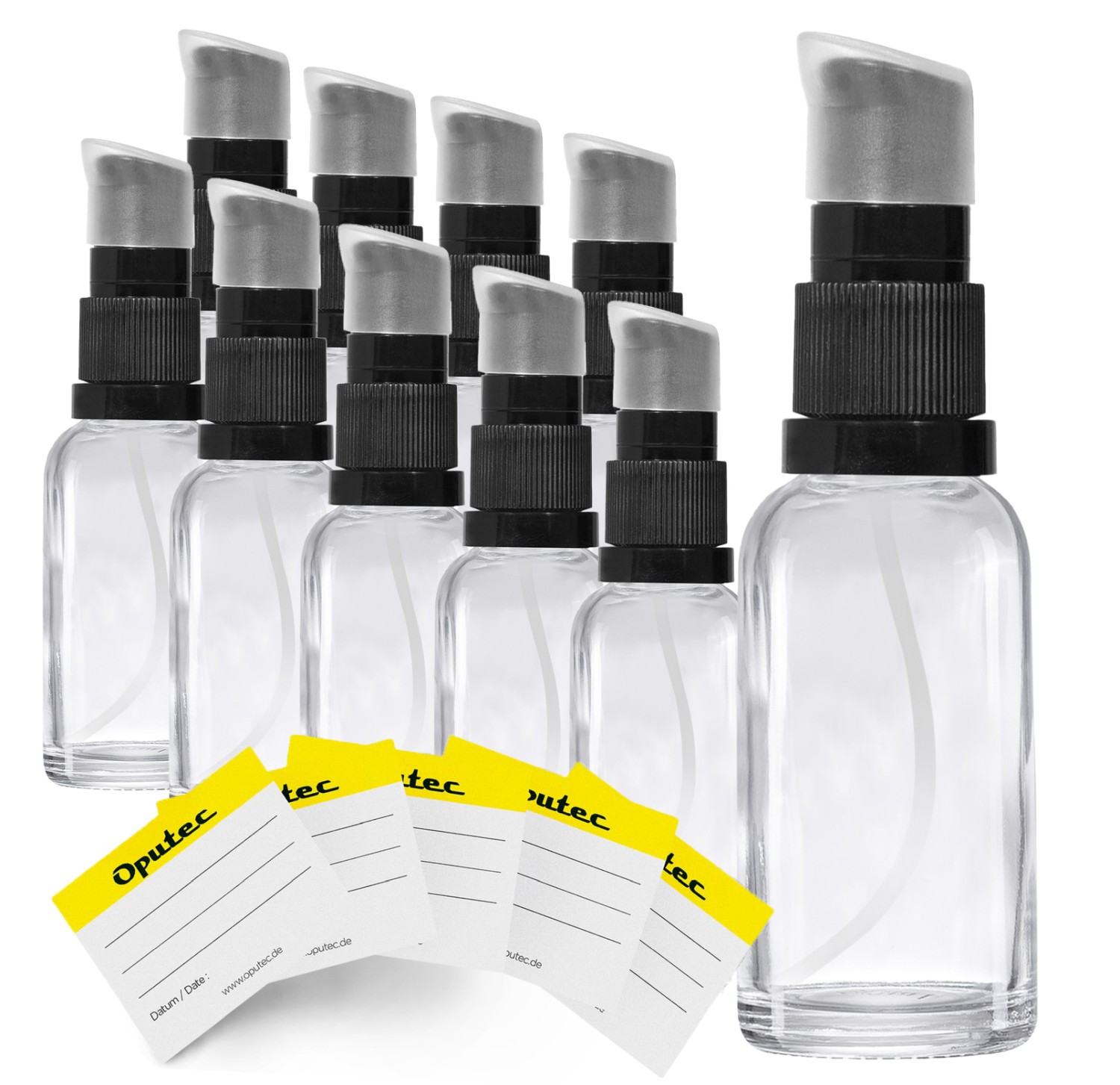 10x 30ml Pumpspender Pumpflasche aus Klarglas, Cremspender mit schwarzem Pumpkopf, inkl. Etiketten